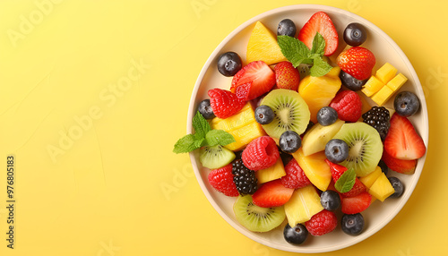 Plate of yummy fruit salad on yellow background, top view. Space for text