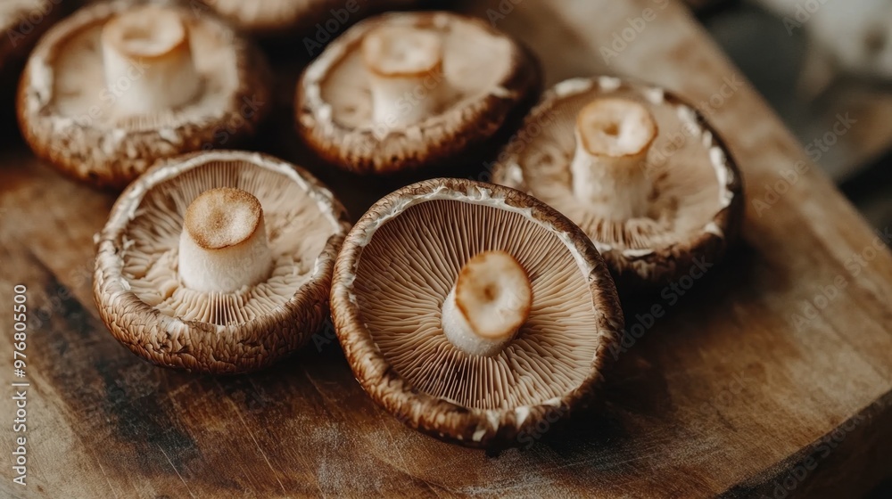 A close-up of fresh shiitake mushrooms on a wooden cutting board, highlighting the earthy brown caps and delicate gills underneath, ready to be used in a recipe. A close-up of fresh shiitake mushrooms on a wooden cutting board, highlighting the earthy brown caps and delicate gills underneath, ready to be used in a recipe.