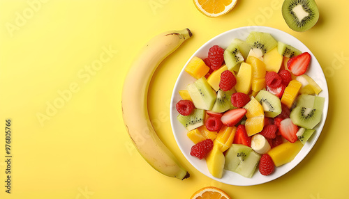 Plate of yummy fruit salad on yellow background, top view. Space for text