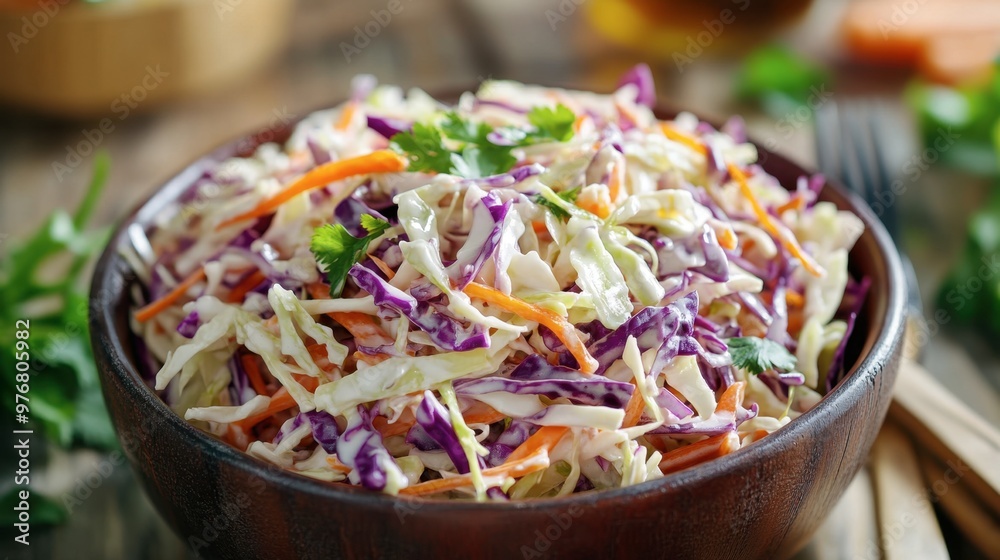 A colorful bowl of coleslaw made with finely shredded green and purple cabbage, carrots, and creamy dressing, perfect for a summer picnic or barbecue. A colorful bowl of coleslaw made with finely shredded green and purple cabbage, carrots, and creamy dressing, perfect for a summer picnic or barbecue.
