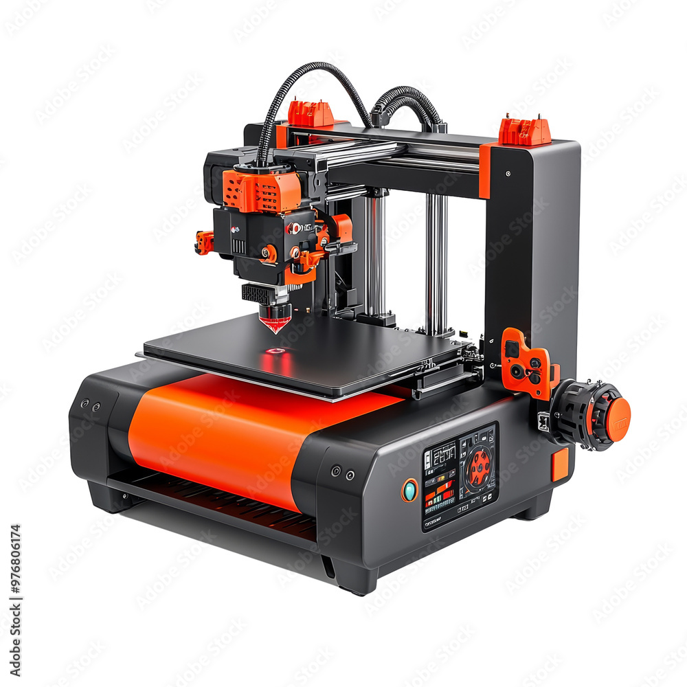 Modern 3D printer with orange and black design for prototyping and design Modern 3D printer with orange and black design for prototyping and design