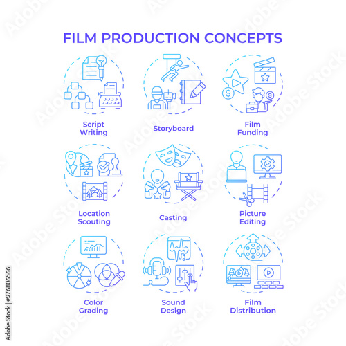 Film production multi color concept icons. Movie script, screenwriting. Funding management, directing. Icon pack. Vector images. Round shape illustrations for infographic, presentation. Abstract idea