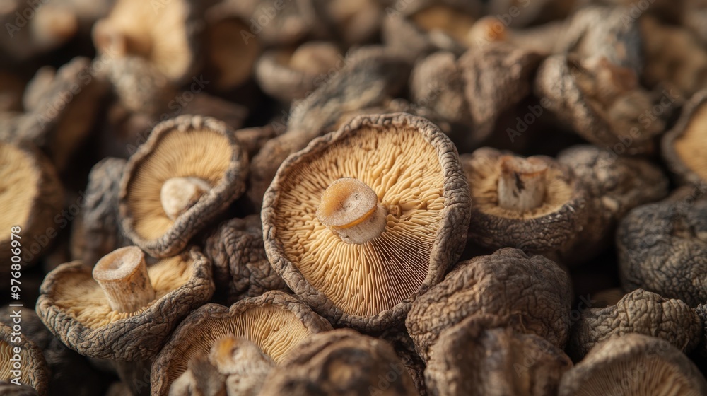 A detailed shot of a pile of dried shiitake mushrooms, showing the wrinkled texture of their caps, ready to be rehydrated for a flavorful broth. A detailed shot of a pile of dried shiitake mushrooms, showing the wrinkled texture of their caps, ready to be rehydrated for a flavorful broth.