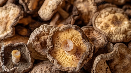 A detailed shot of a pile of dried shiitake mushrooms, showing the wrinkled texture of their caps, ready to be rehydrated for a flavorful broth.