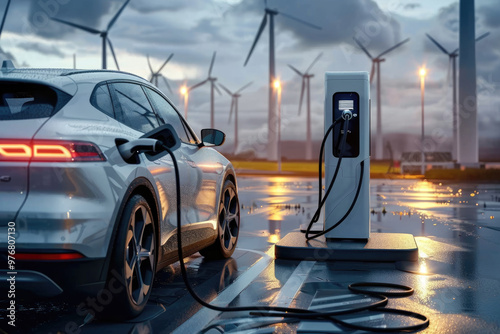 The small car is charging, the wind turbine in the distance photo