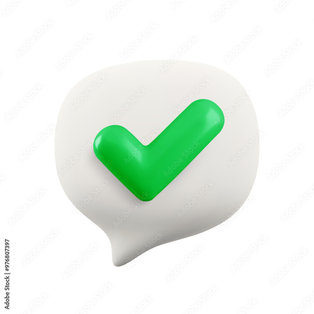 Vector cartoon minimal 3d white speech bubble with green check mark icon. Realistic render valid check mark note, accept checkmark, chat message yes button, correct text symbol, social media comment. Vector cartoon minimal 3d white speech bubble with green check mark icon. Realistic render valid check mark note, accept checkmark, chat message yes button, correct text symbol, social media comment.