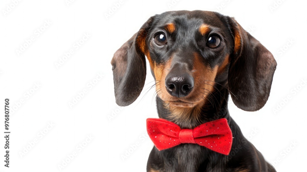 A dachshund wearing a red bow tie isolated on a transparent background. A dachshund wearing a red bow tie isolated on a transparent background.