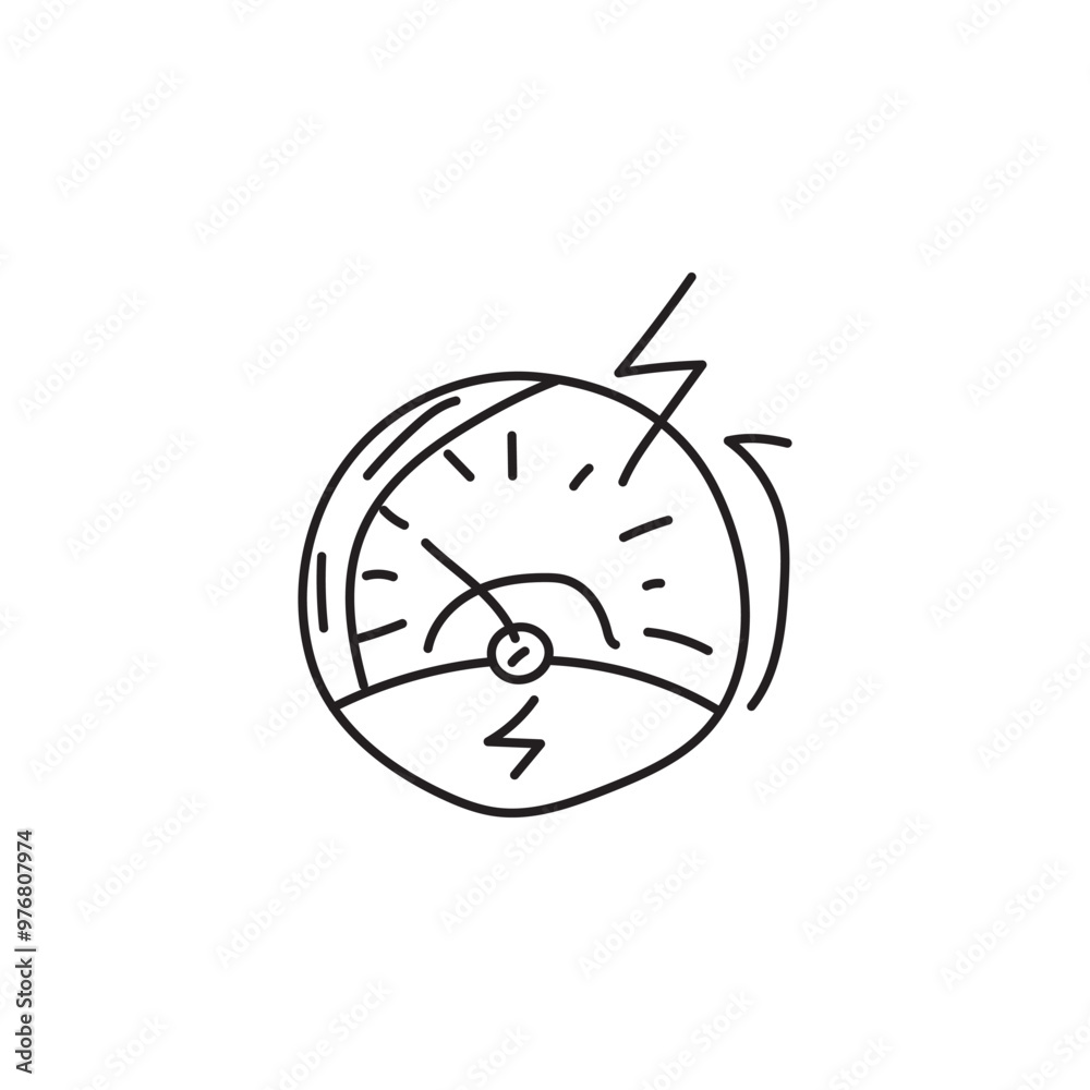 Hand-drawn speedometer with needle in the red zone, with lightning bolt symbol. Concept of speed, danger, urgency, and risk. Hand-drawn speedometer with needle in the red zone, with lightning bolt symbol. Concept of speed, danger, urgency, and risk.