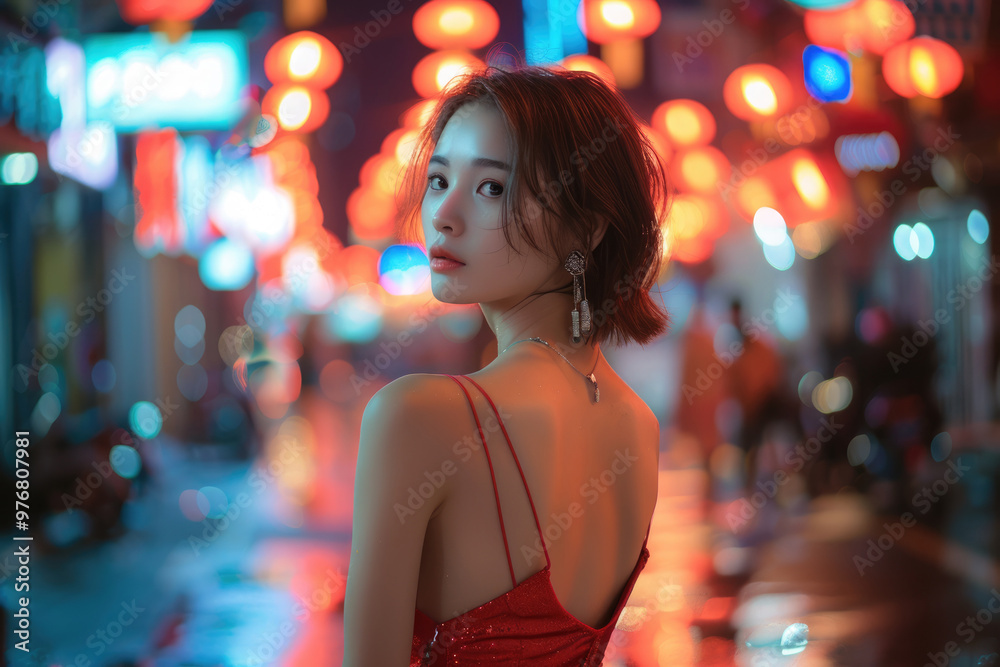 At night, a young woman wearing a red dress