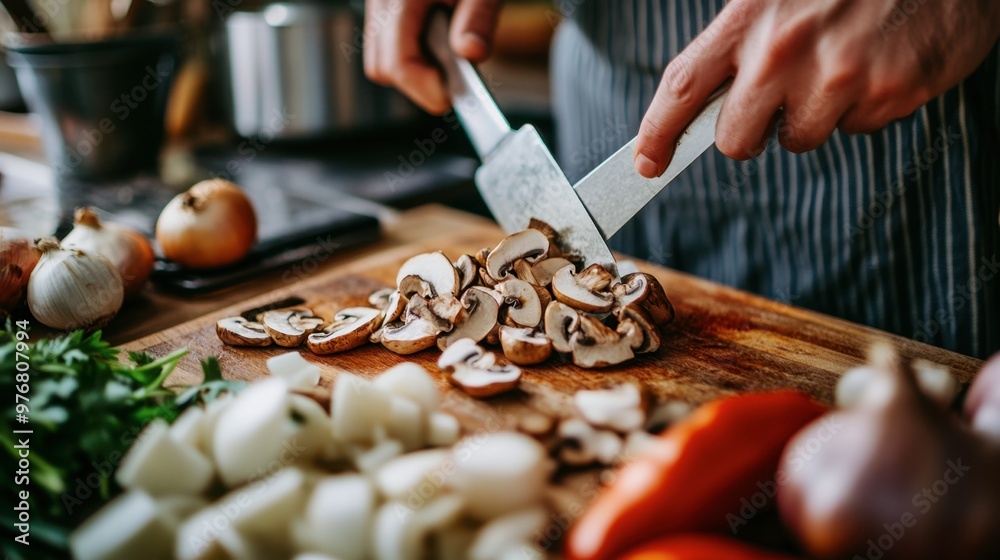 A kitchen scene with shiitake mushrooms being finely sliced on a cutting board, alongside other fresh vegetables like garlic and onions, preparing for a stir-fry. A kitchen scene with shiitake mushrooms being finely sliced on a cutting board, alongside other fresh vegetables like garlic and onions, preparing for a stir-fry.