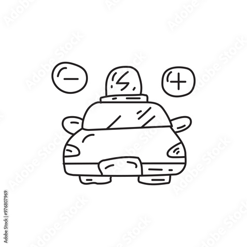 Hand-drawn electric car with plus and minus signs, representing charging process.  Eco-friendly transportation concept.