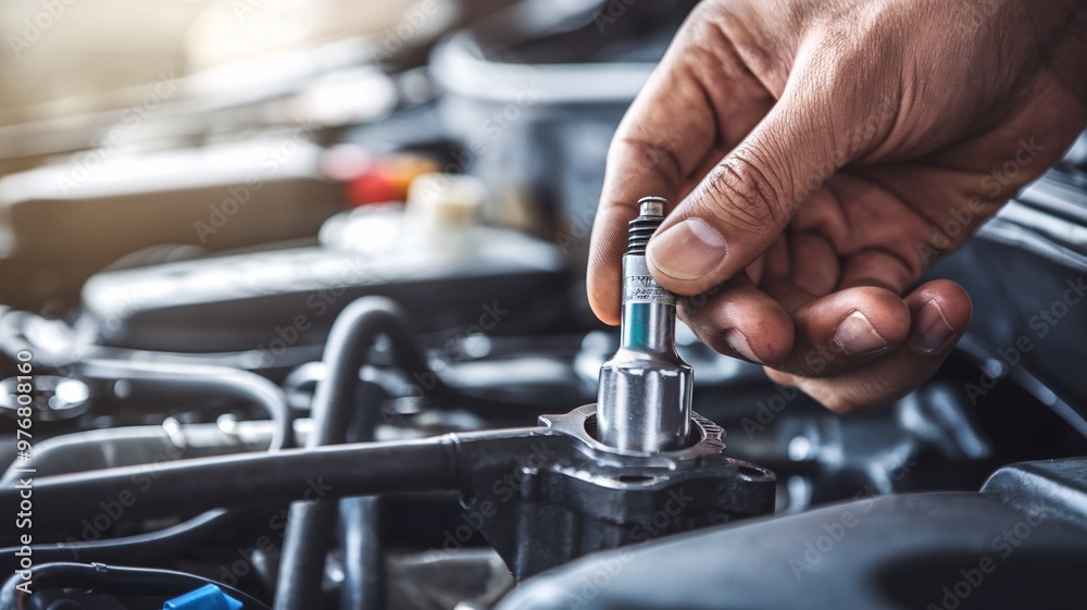 Mechanic's Hand Holding Spark Plug Over Engine. A close-up photograph of a mechanic's hand holding a spark plug over an engine, with the focus on the hand and the spark plug. Mechanic's Hand Holding Spark Plug Over Engine. A close-up photograph of a mechanic's hand holding a spark plug over an engine, with the focus on the hand and the spark plug.