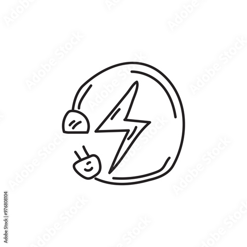 Hand drawn doodle of lightning bolt in circle with two plugs. Concept of energy, power, electricity, connection.