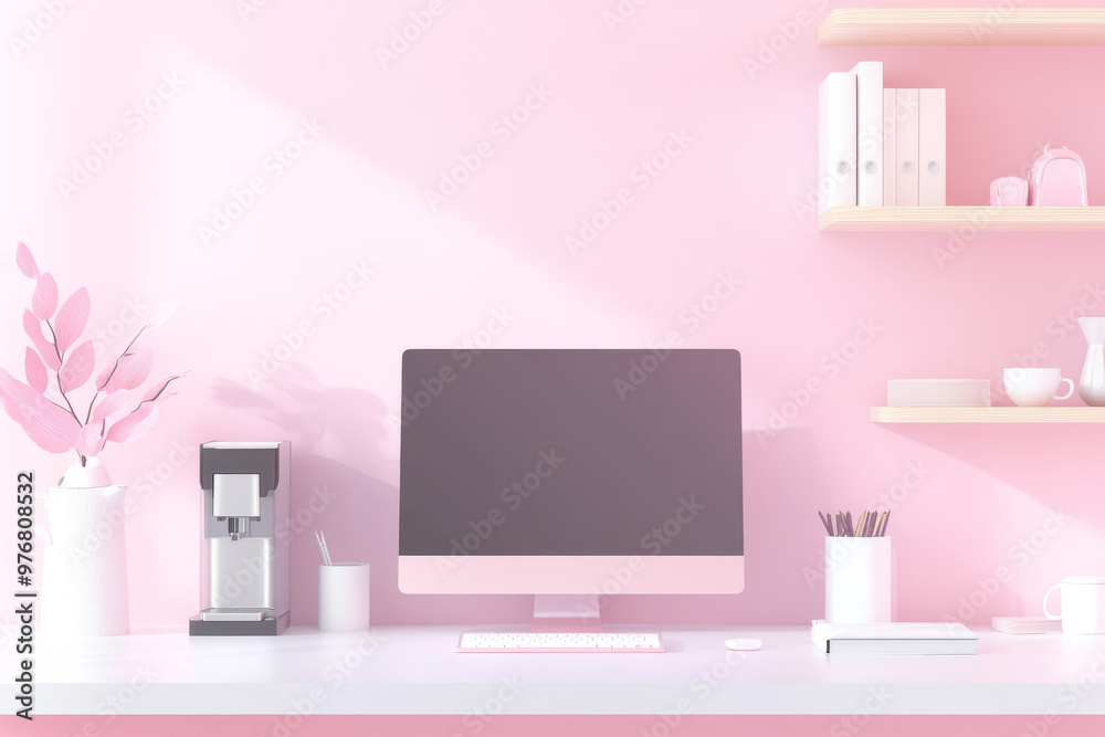 minimal illustration of home office in pastel summer colors. minimal illustration of home office in pastel summer colors.