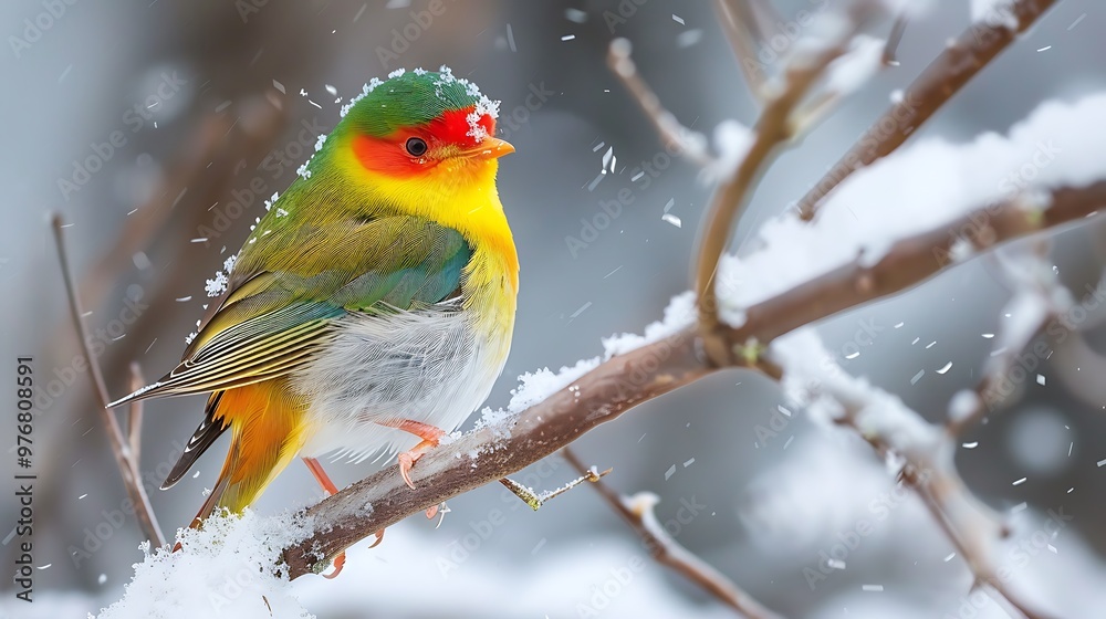A little vibrant bird with a vivid orange beak is perched neatly on a branch lined with snow A little vibrant bird with a vivid orange beak is perched neatly on a branch lined with snow