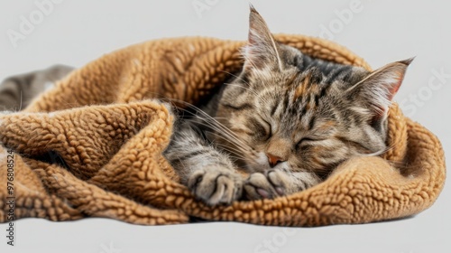 A cat sleeping on a cozy blanket isolated on a transparent background.
