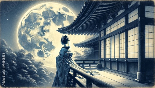 A beautifully idealized figure dressed in Heian-era robes gazes at the full moon from a traditional mansion's veranda, bathed in strong moonlight, creating a mystical and serene night scene. photo