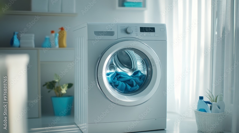 A modern washing machine with a clear glass door, showing a load of clothes in the wash cycle, surrounded by neatly organized laundry supplies in a bright, clean laundry room. A modern washing machine with a clear glass door, showing a load of clothes in the wash cycle, surrounded by neatly organized laundry supplies in a bright, clean laundry room.