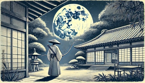 A serene samurai stands in the garden, holding a traditional Japanese bow (yumi) and gazing up at the full moon, illuminated by the soft glow of moonlight. photo