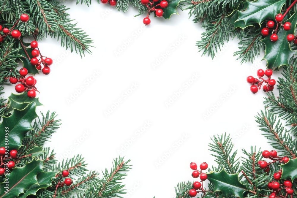 Christmas Decoration Frame with Holly and Pine Christmas Decoration Frame with Holly and Pine