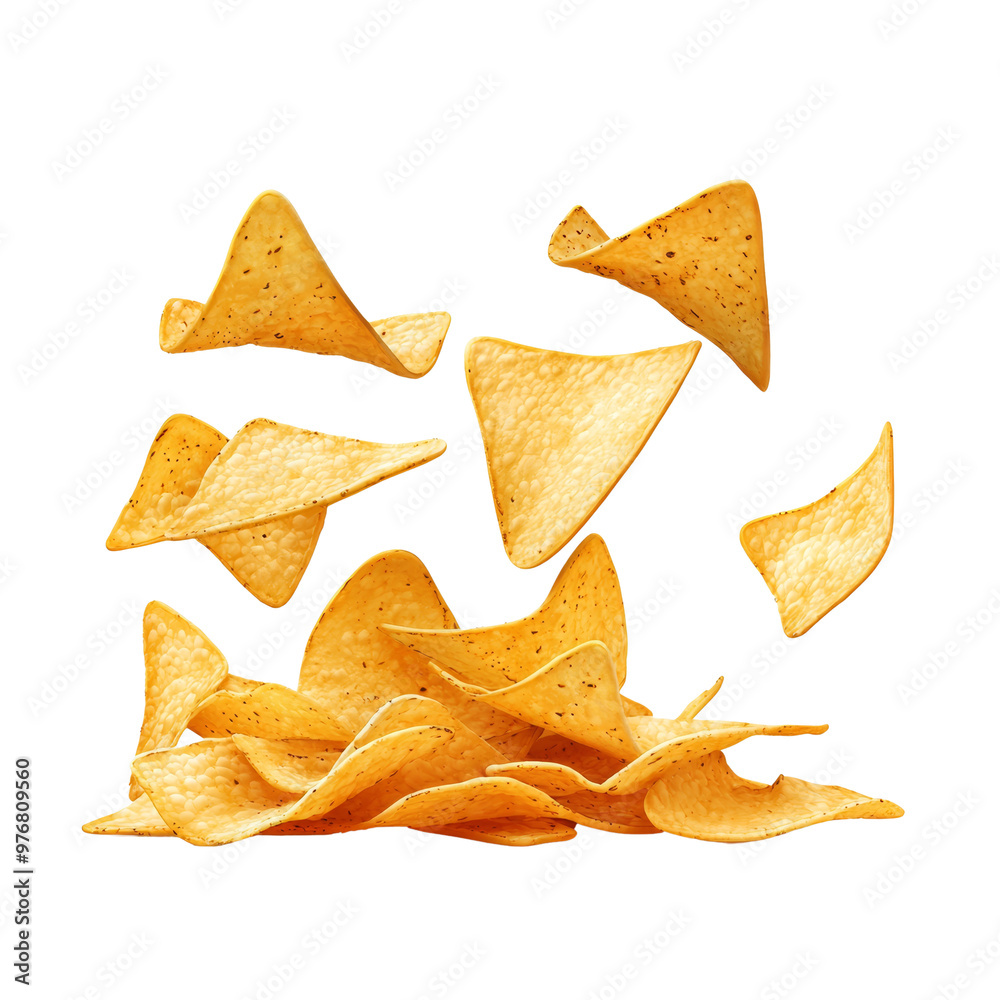 Assorted tortilla chips scattered in mid air showcasing snack food Assorted tortilla chips scattered in mid air showcasing snack food