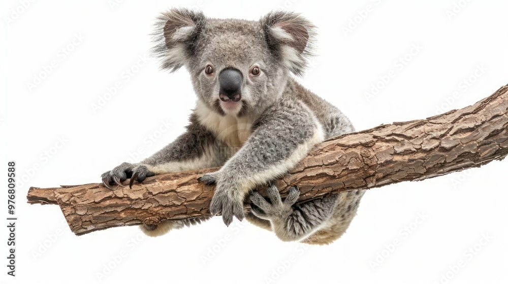 Naklejka premium A baby koala clinging to a tree branch isolated on a transparent background.