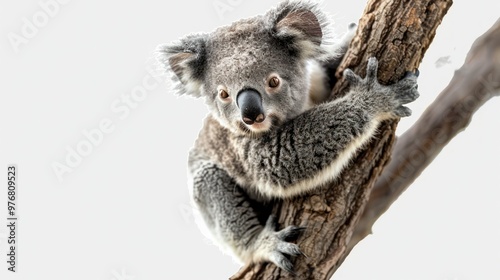 A baby koala clinging to a tree branch isolated on a transparent background.