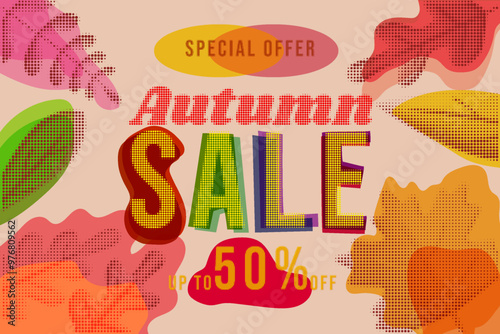 Autumn Sale glued paper with wrinkles effect riso, halftone, banner