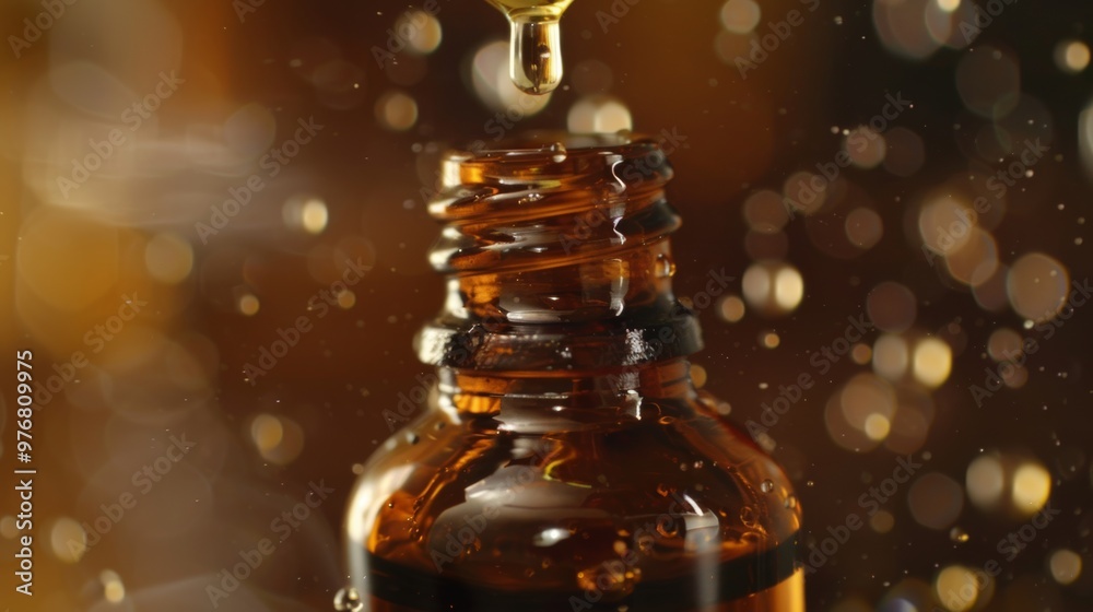 Drops of cosmetic oil flowing from a pipette into a small brown bottle.
Drops of cosmetic oil flowing from a pipette into a small brown bottle.