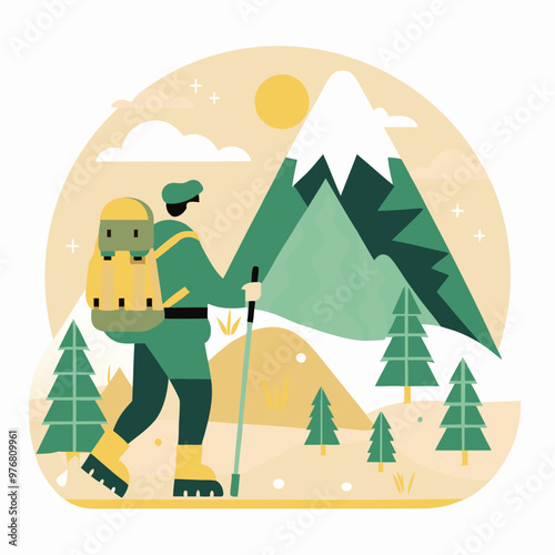 Hiker exploring mountains, adventurous mood, walking with backpack, sunny landscape, copy space