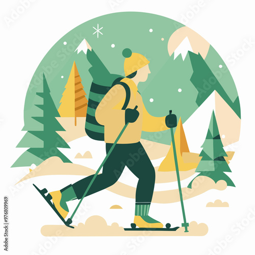 Snowshoeing in winter, adventurous mood, walking through snowy mountains, vibrant landscape, copy space