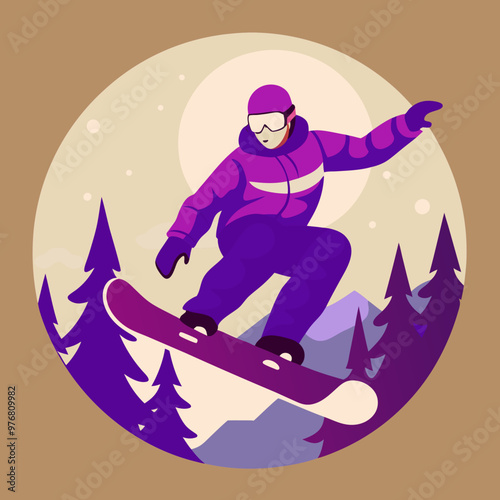 Snowboarder in motion, enthusiastic mood, jumping in winter landscape, colorful background, copy space