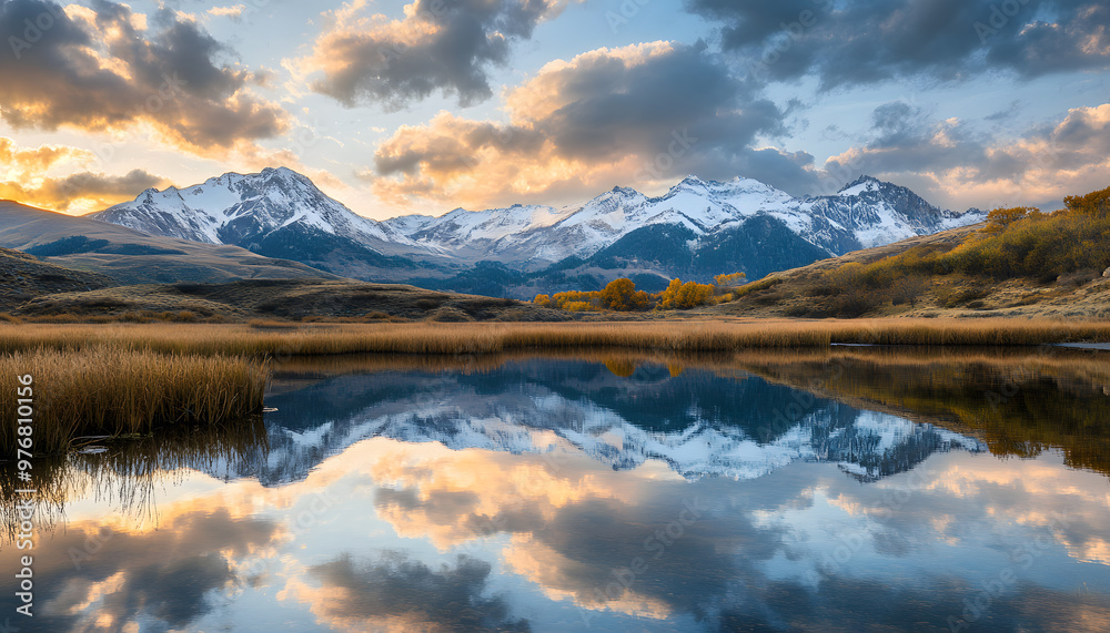 Fototapeta premium Nature Bliss: A serene mountain landscape with a lake reflecting the snowy peaks at sunrise