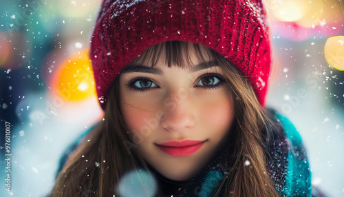 Young woman with long hair wearing a red knit hat and scarf smiles warmly amidst a snowy backdrop with colorful bokeh lights.