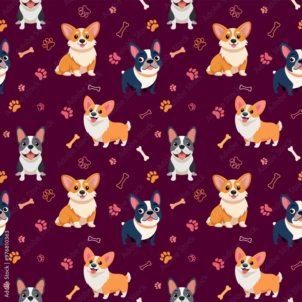 Obraz premium Vector seamless pattern with cute dogs, bones and paws. Cute dog breeds in different poses isolated on light blue background. French bulldog and corgy pattern, pet print perfect for kids textile.