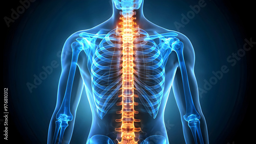 Vertebral column inflammation, highlighted in red, blue skeletal anatomy, thoracic spine, medical visualization of back pain.