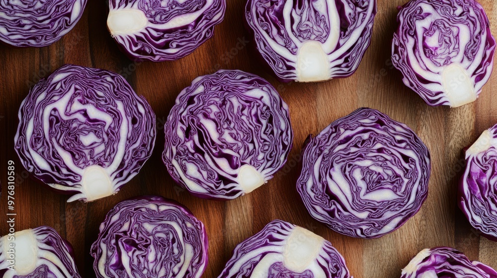 Fototapeta premium A top-down view of sliced red cabbage arranged on a wooden cutting board, showcasing its intricate purple and white patterns, ready for a fresh salad.