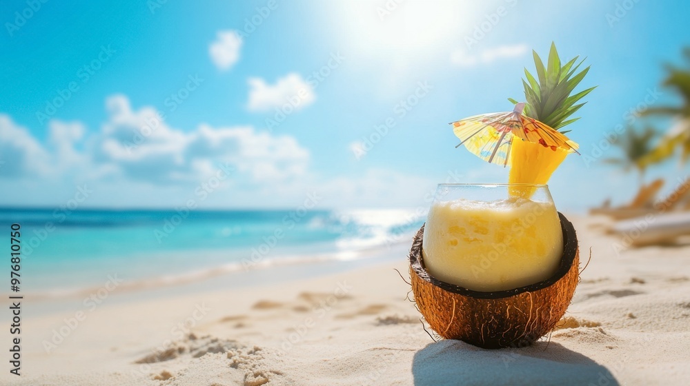A tropical pia colada served in a coconut shell, with a paper umbrella and pineapple garnish, sitting on a sandy beach under the bright sun. A tropical pia colada served in a coconut shell, with a paper umbrella and pineapple garnish, sitting on a sandy beach under the bright sun.