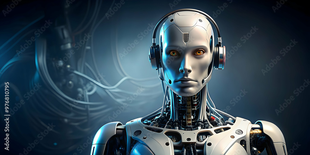 A futuristic humanoid robot with human and mechanical features, cybernetic, technology, android A futuristic humanoid robot with human and mechanical features, cybernetic, technology, android