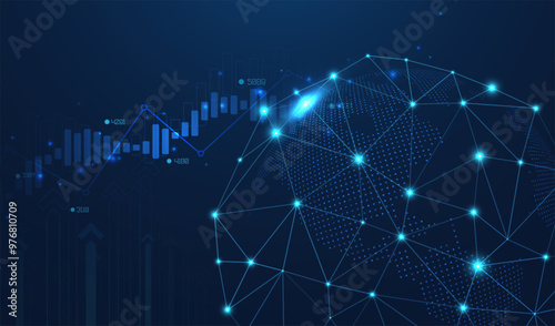 Abstract infographic visualization. Financial chart with uptrend line graphs and candlesticks. Futuristic network or business analytics. Graphic concept for your design.