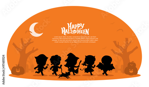 Children dressed in Halloween costumes to go Trick or Treating. Halloween costume kids in spooky holiday. Template for advertising brochure.
