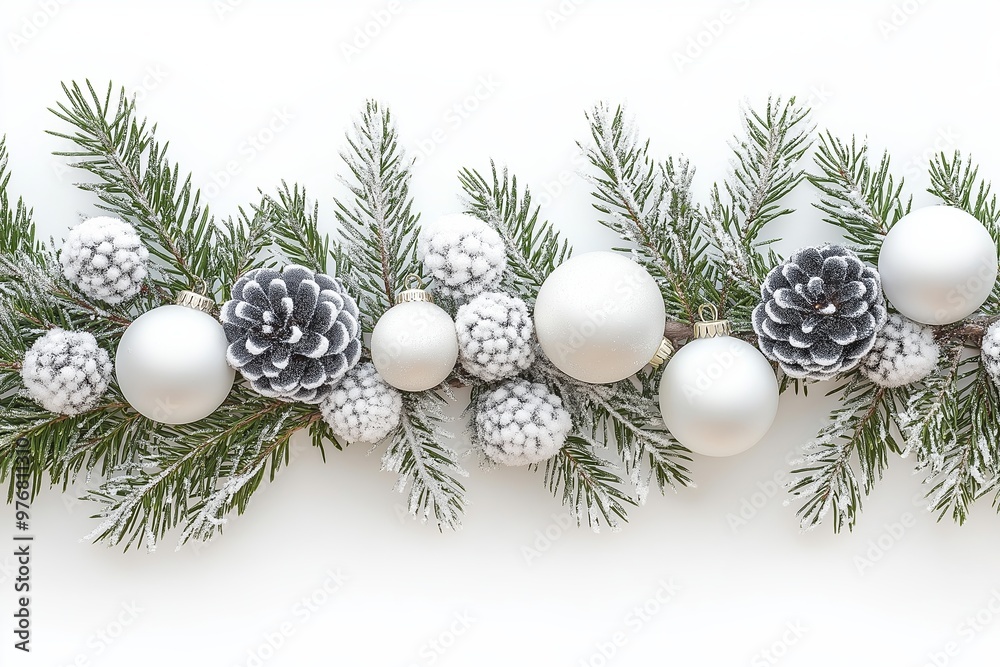 A white and green Christmas tree with white and silver ornaments. The tree is decorated with pine cones and white balls A white and green Christmas tree with white and silver ornaments. The tree is decorated with pine cones and white balls