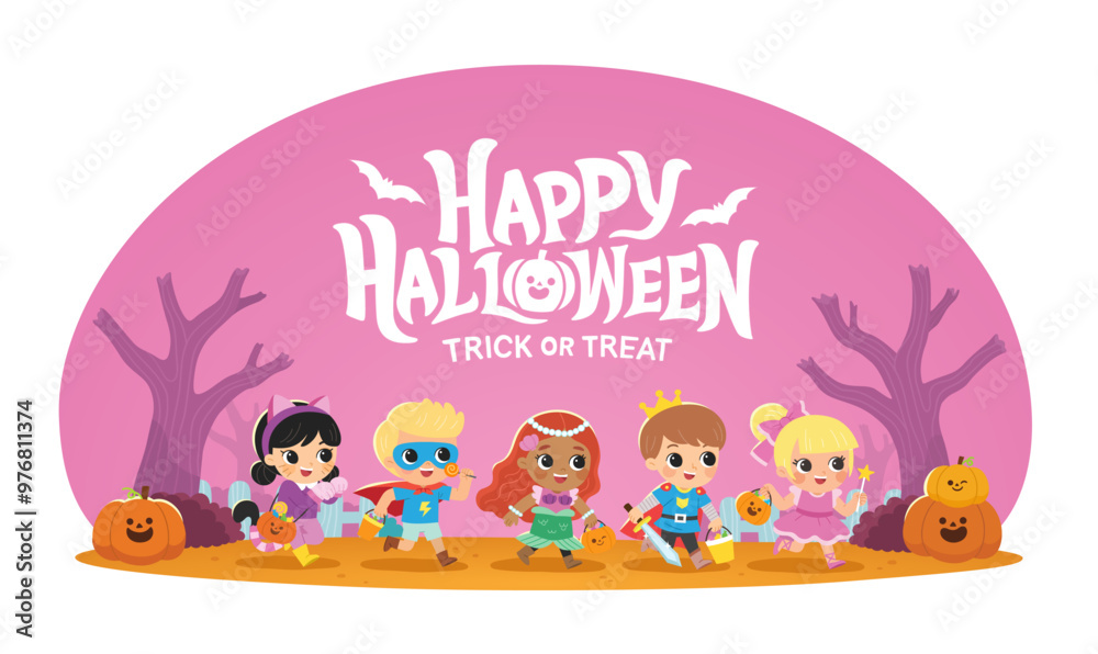 Fototapeta premium Children dressed in Halloween costumes to go Trick or Treating. Halloween costume kids in spooky holiday. Template for advertising brochure.