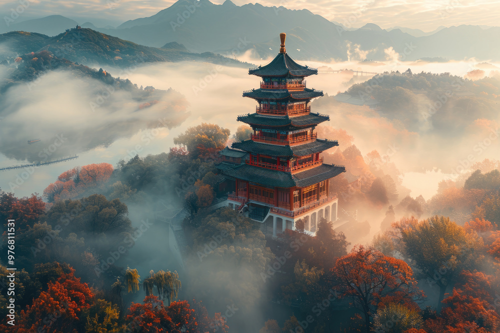 Obraz premium In autumn, the pagoda by the river in the countryside