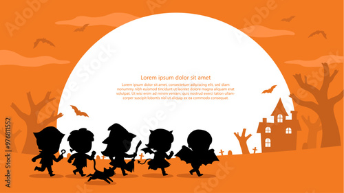Silhouette of Children dressed in Halloween costumes to go Trick or Treating with a cat. Halloween costume kids in spooky holiday. Template for advertising brochure.