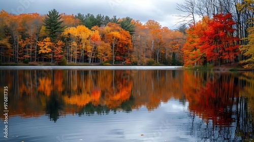 A lovely fall day with a colorful leaf tree reflected in the calm lake water