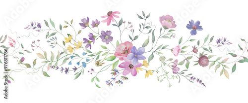 Seamless watercolor border with clover, lavender, eucalypt leaves.