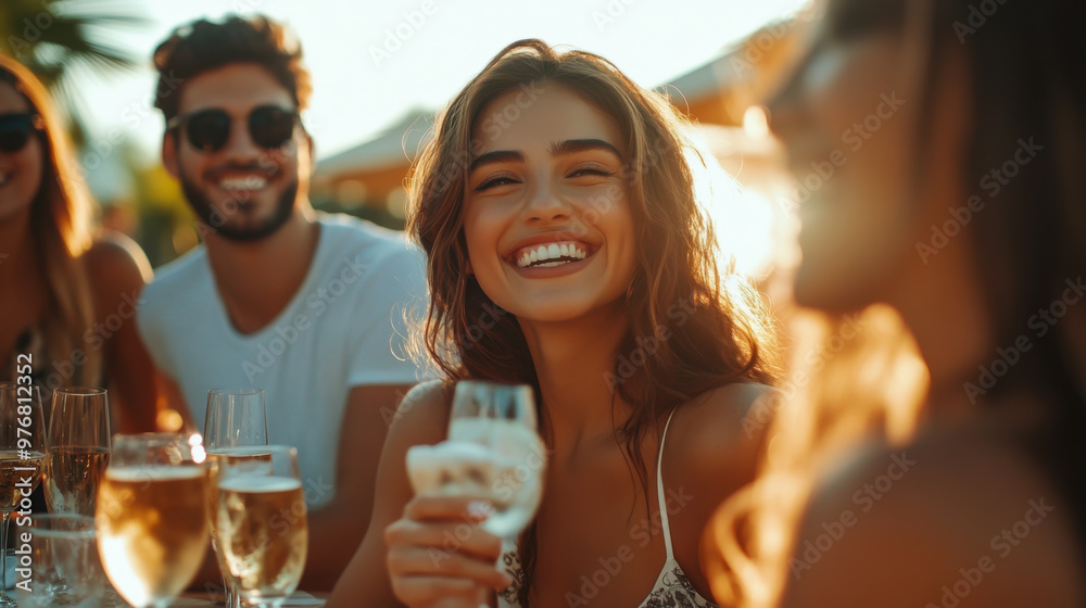 A joyful gathering of friends enjoying drinks at sunset by the beach, capturing laughter and carefree summer vibes A joyful gathering of friends enjoying drinks at sunset by the beach, capturing laughter and carefree summer vibes
