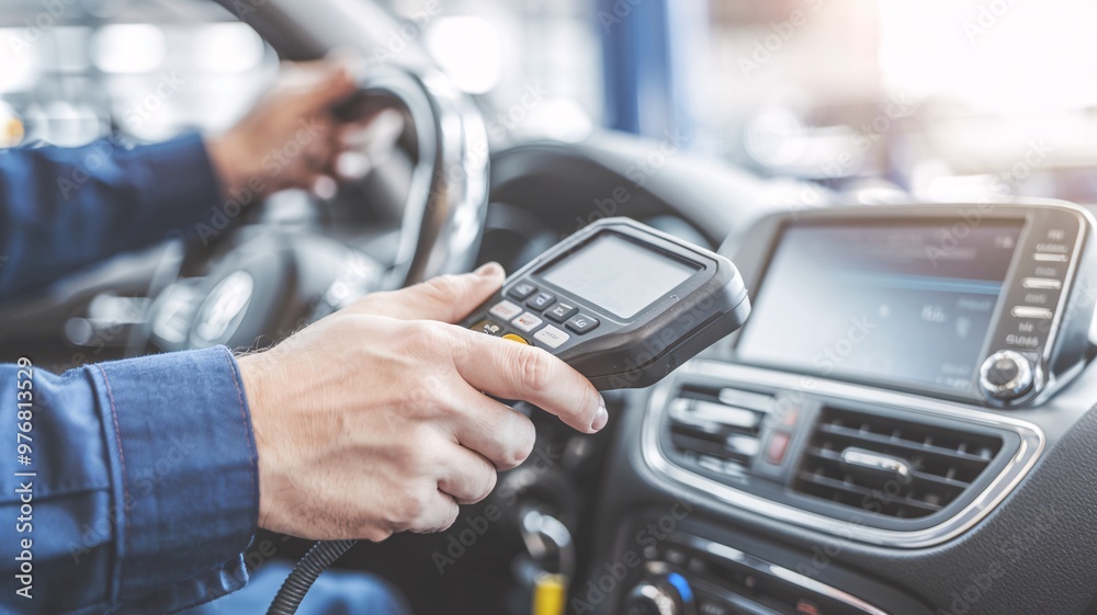 Mechanic Using Diagnostic Scanner in Car. Close-up of a mechanic's hands using a diagnostic scanner inside a vehicle to check for issues. Mechanic Using Diagnostic Scanner in Car. Close-up of a mechanic's hands using a diagnostic scanner inside a vehicle to check for issues.
