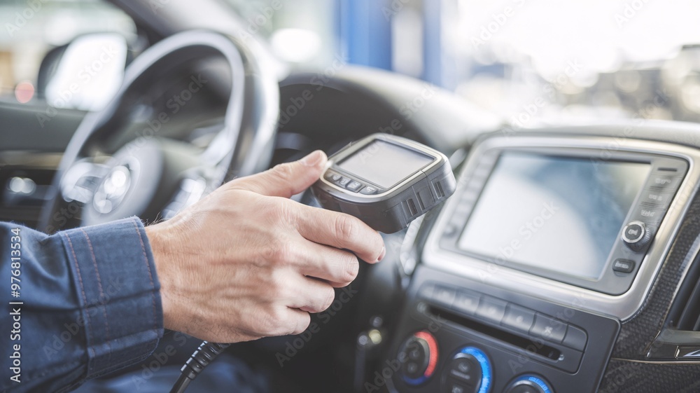 Mechanic Using Diagnostic Scanner in Car. Close-up of a mechanic's hands using a diagnostic scanner inside a vehicle to check for issues. Mechanic Using Diagnostic Scanner in Car. Close-up of a mechanic's hands using a diagnostic scanner inside a vehicle to check for issues.